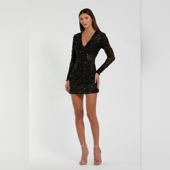 NWT!! Mac Duggal,Long Sleeve Sheer Embellished Mini Dress, Black,Size 2,MSRP$498 - Picture 1 of 12